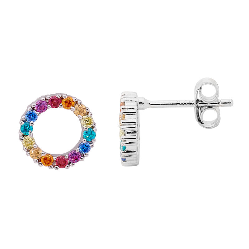 Silver rainbow coloured stud circles CZ set