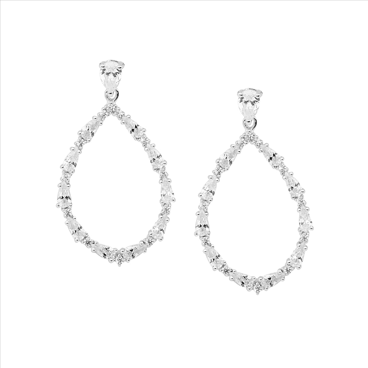 Silver, large open teardrop shape 38mm set w CZ