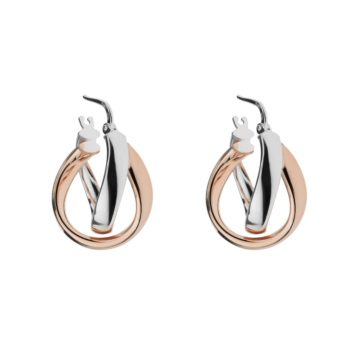 Silver, two tone twisted hoops, one rose gold plated 18mm