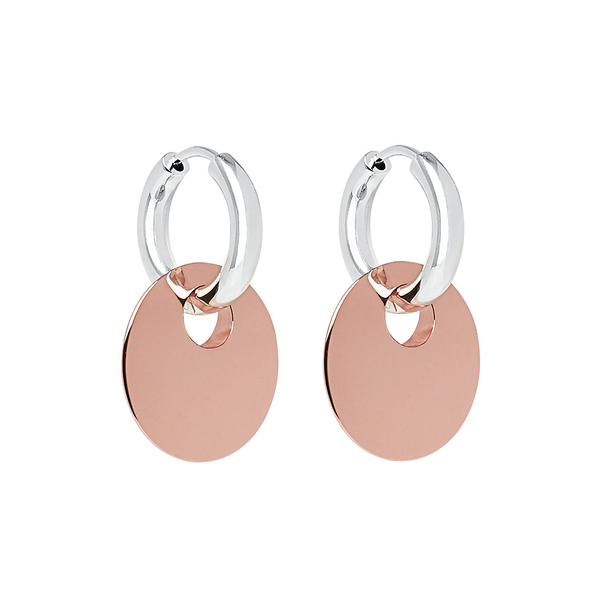 18mm rose gold (14k 1mc) plated silver puff disc hanging from 3x16mm hinged huggie hoop, antitarnish