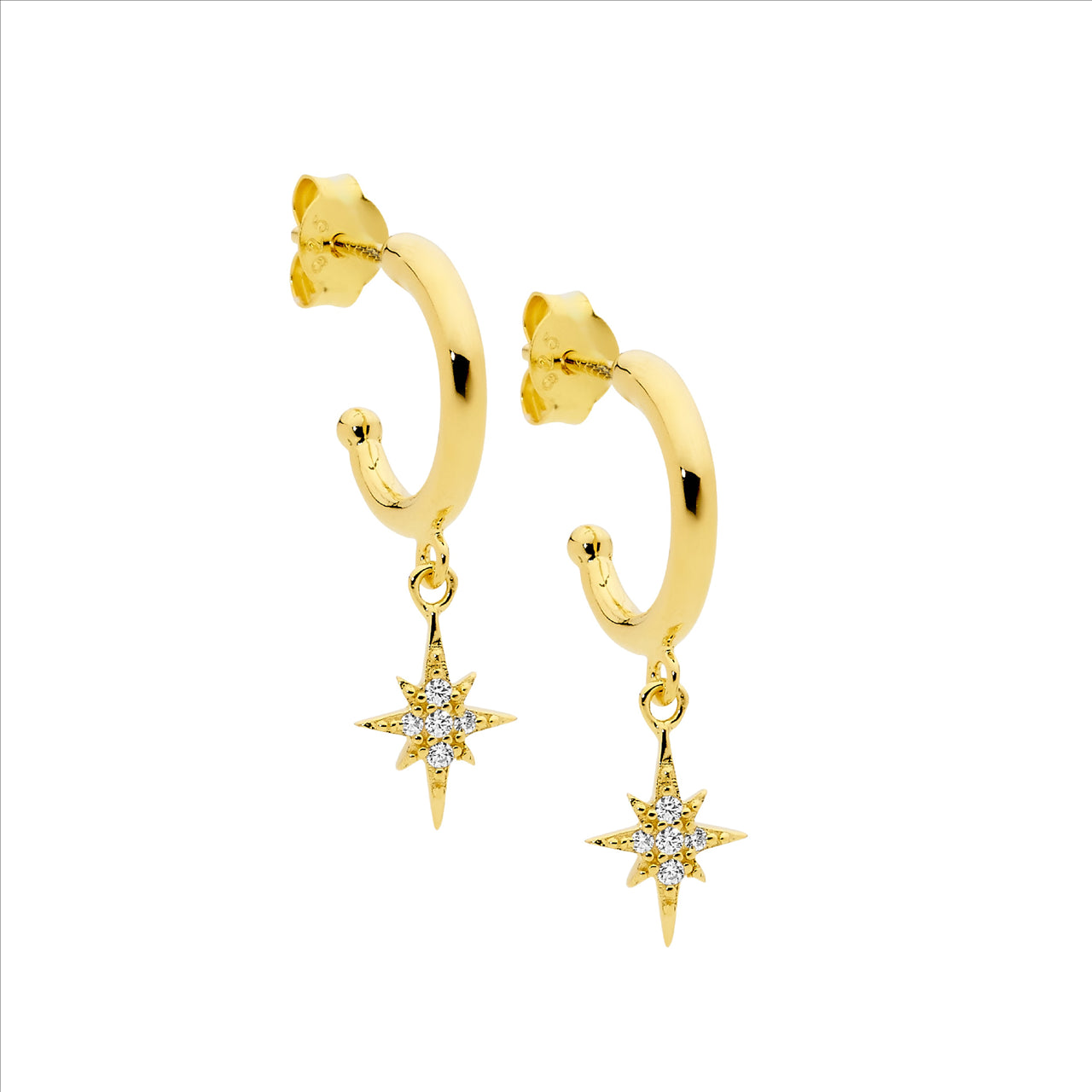 SS 13mm hoop earrings, wh cz star drop w/ gold plating