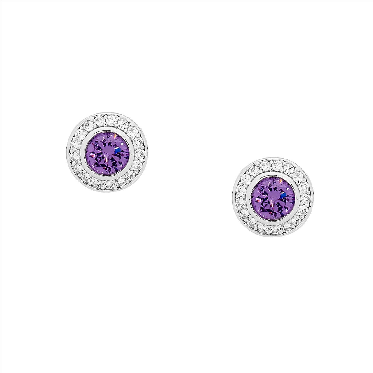 Silver, purple CZ bezel set w halo of white CZ studs