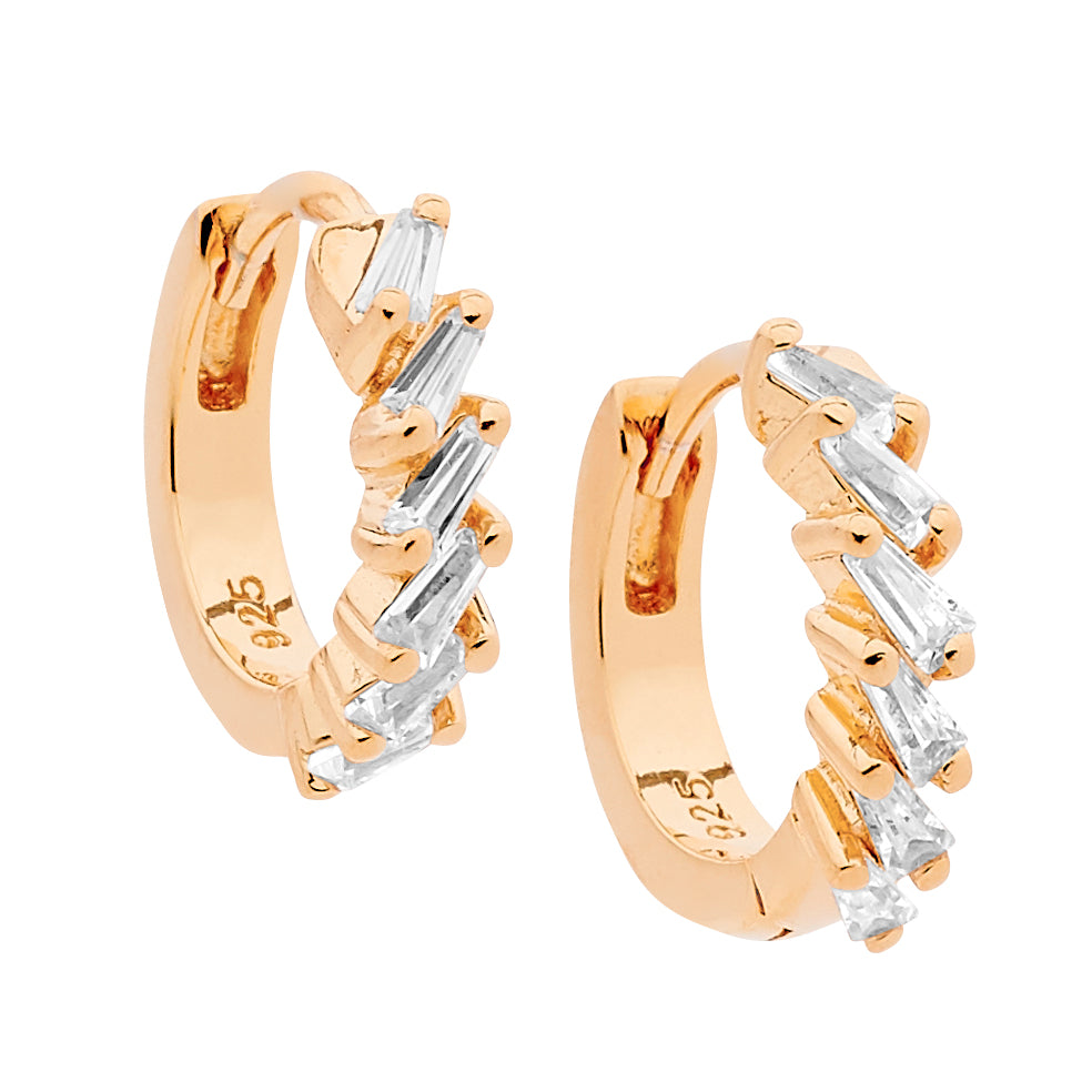 SS WH CZ tapered baguette 13mm hoop earrings w/ rose gold plating