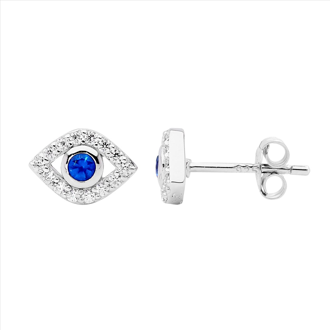 SS WH & blue CZ bezel set evil eye earrings