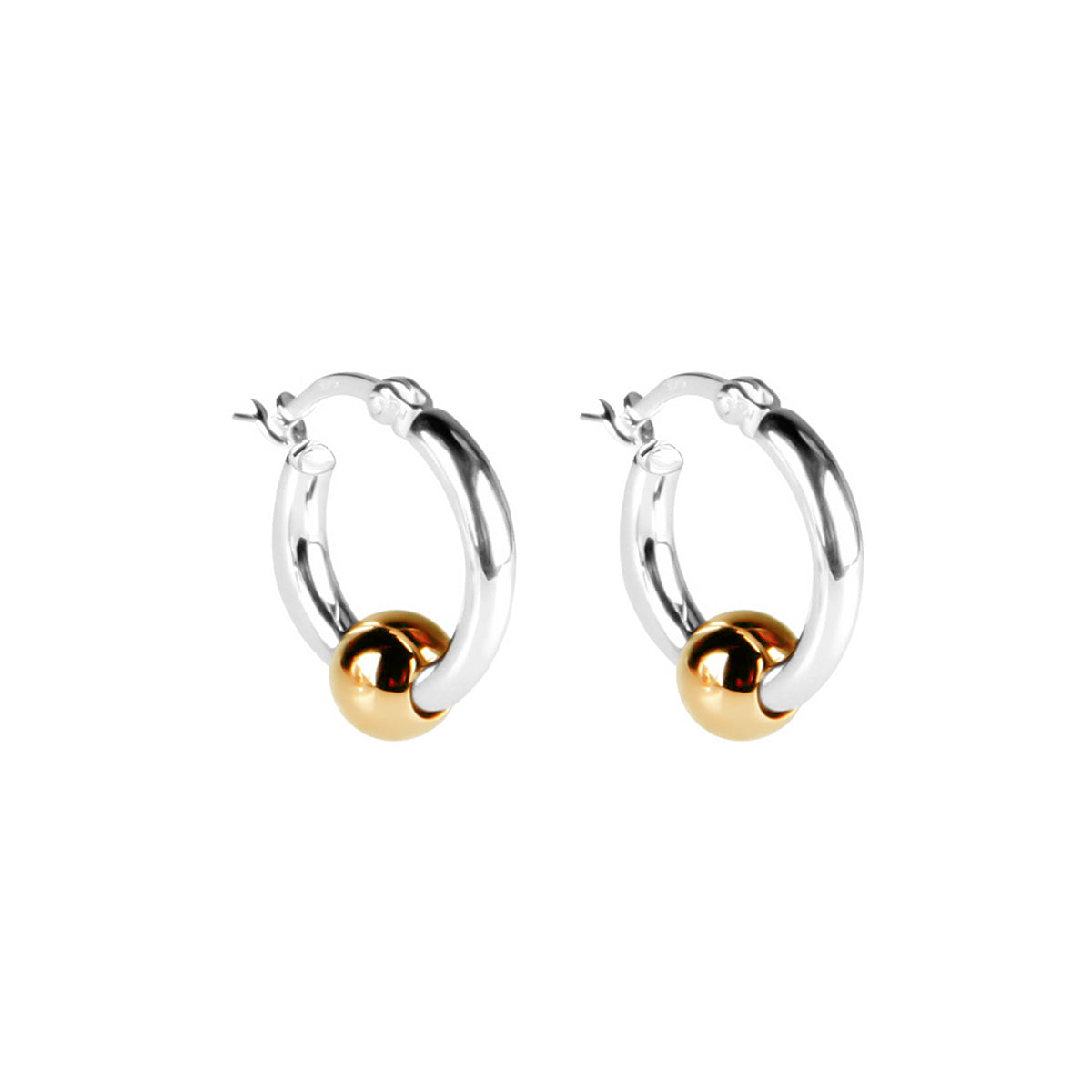 2.5x15mm round silver tube hoop with loose 6mm yellow gold (14k 1mc) plated bead and lever clasp, antitarnish