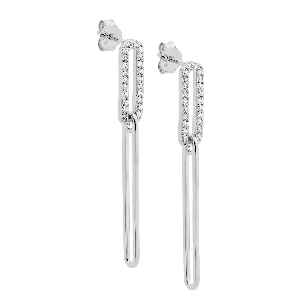 SS WH CZ open oval link drop earrings