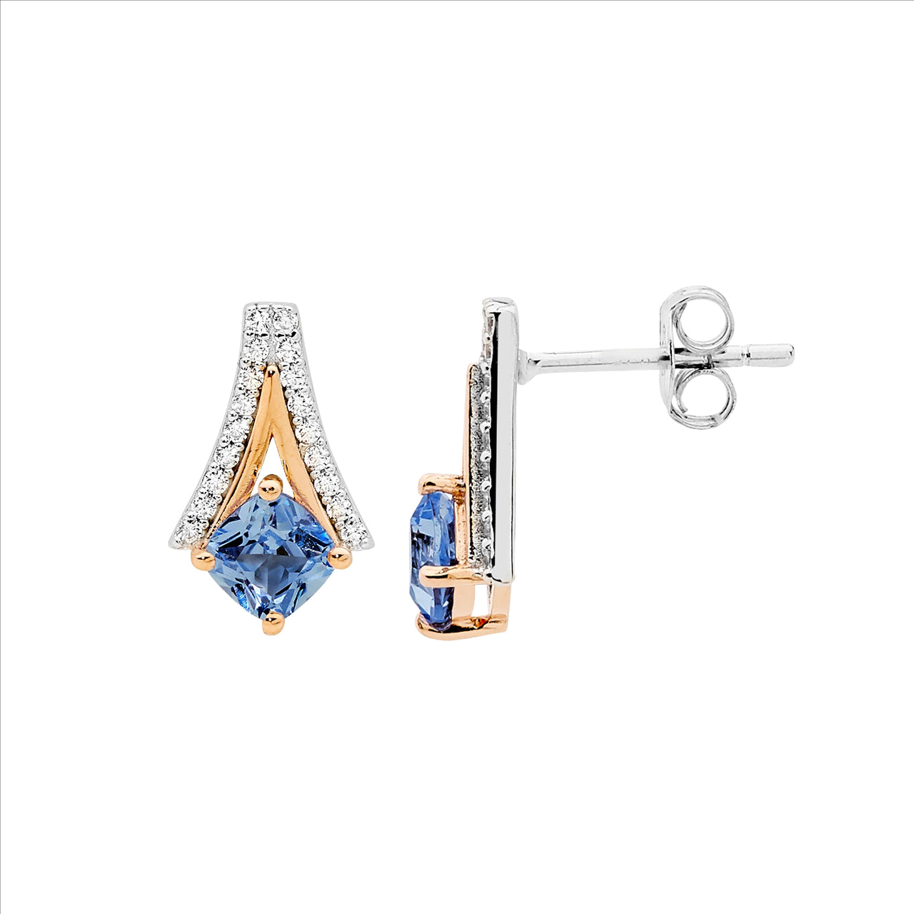 SS WH CZ open V w/ cushion cut spinel & rose gold plating earrings