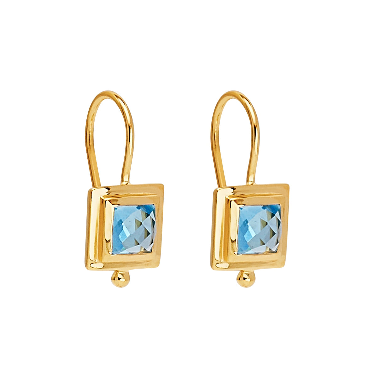 9.5x20mm, faceted 5mm square swiss blue topaz in yellow gold (14k 1mc) plated silver setting with fixed hook, antitarn