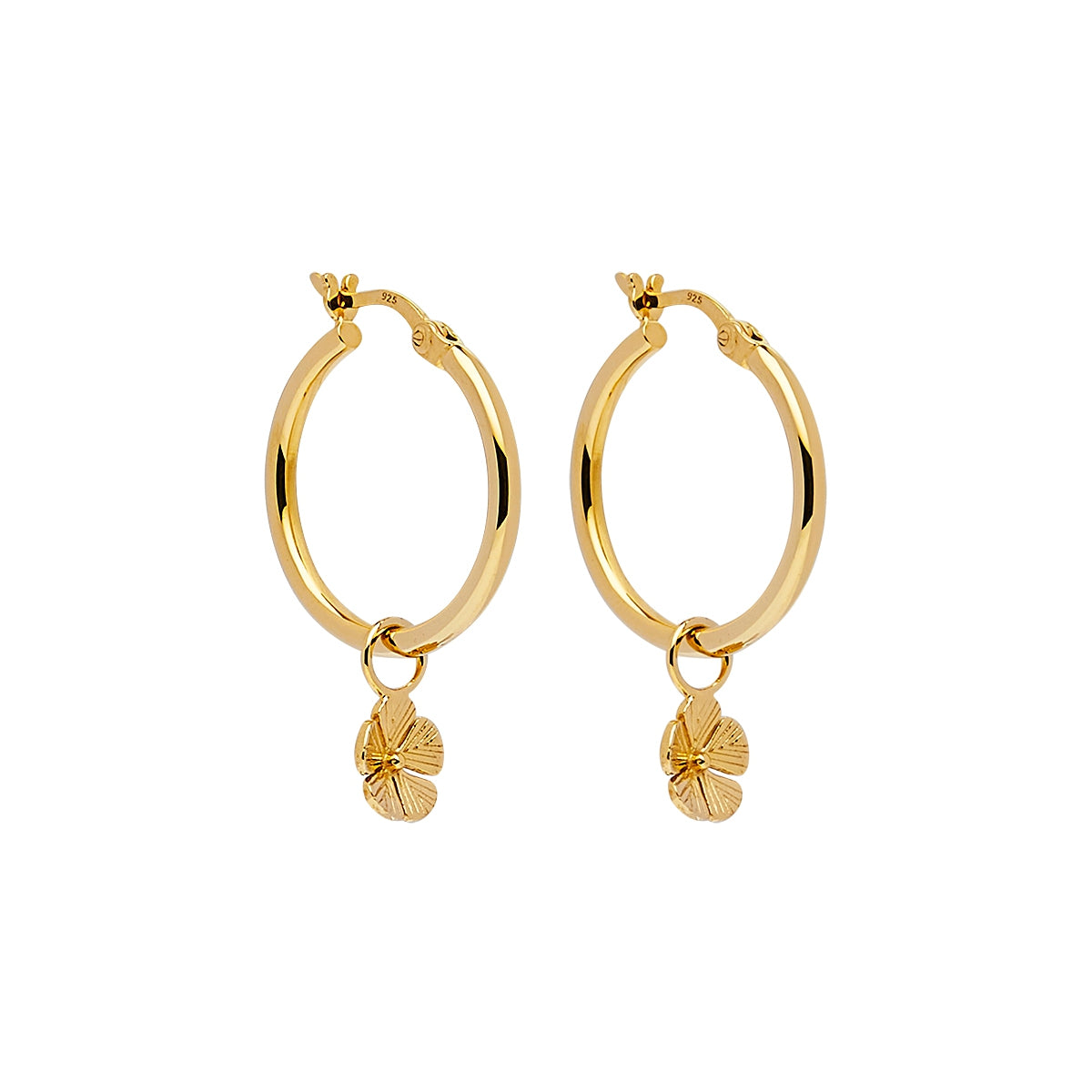 2x20mm yellow gold (14k 1mc) plated silver hoop earring with removable flower charm, antitarnish