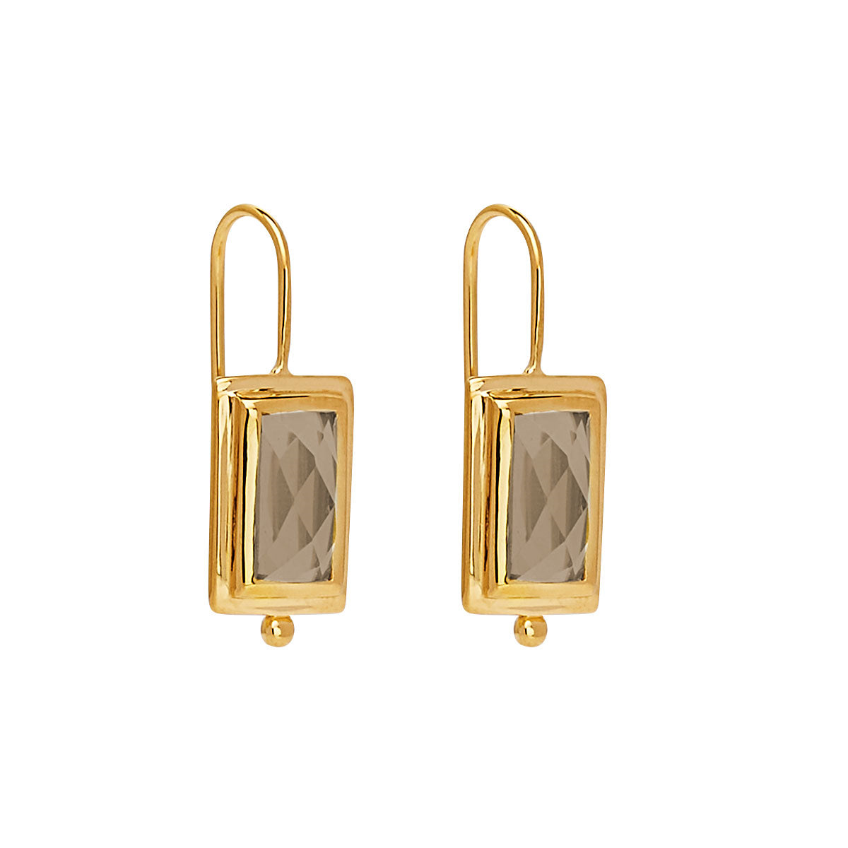 9.5x26mm, faceted 5x10mm rectangle smoky quartz in yellow gold (14k 1mc) plated silver setting with fixed hook, antitarn