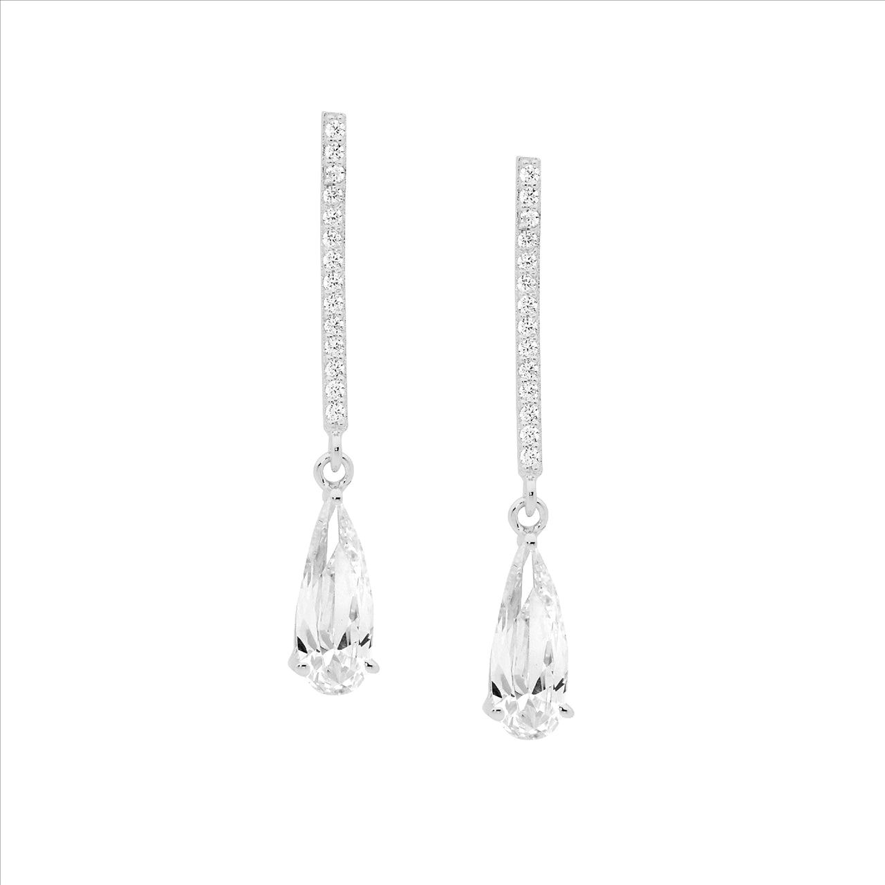 SS WH CZ drop bar w/ long tear cz earrings