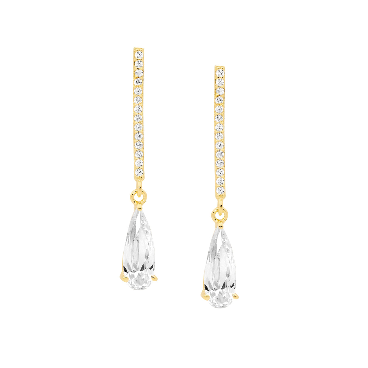 SS WH CZ drop bar w/ long tear cz earrings, gold plating