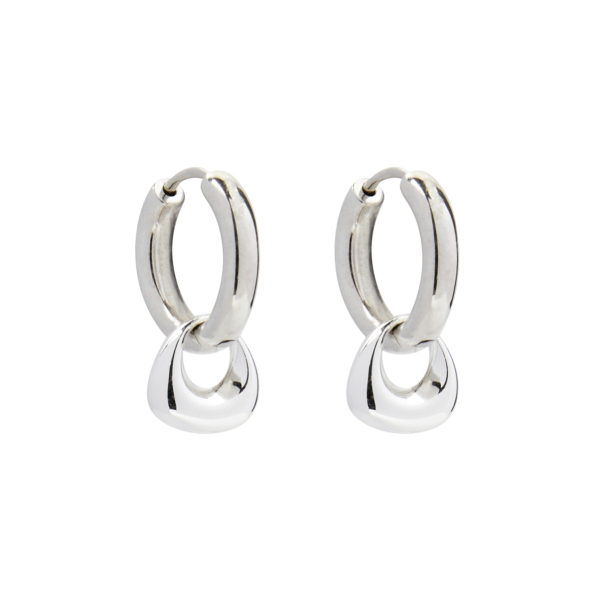 Sterling silver 10x20mm silver puffed triangle on 3x16mm round huggie earring, antitarnish