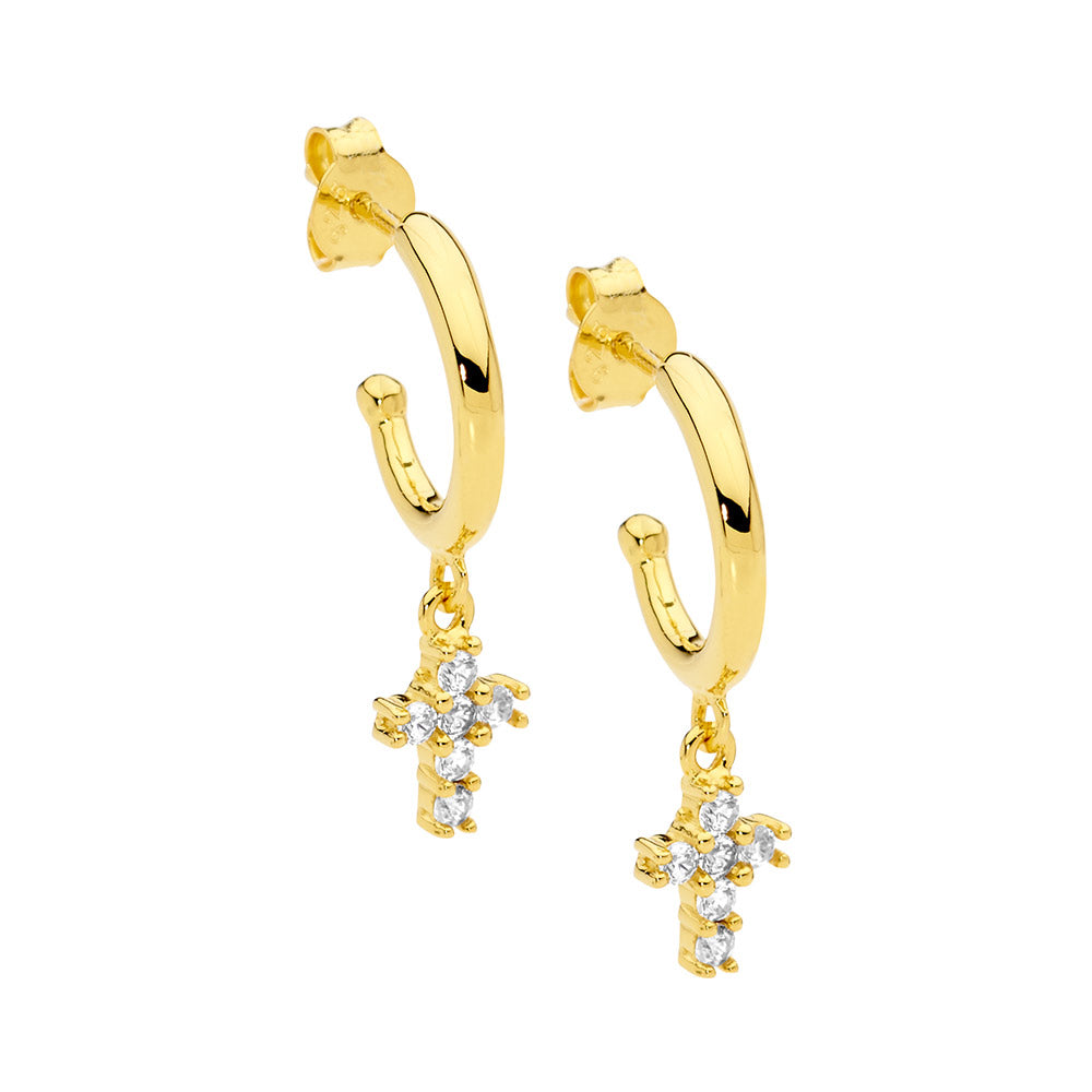 SS 13mm hoop earrings, wh cz cross drop w/ gold plating