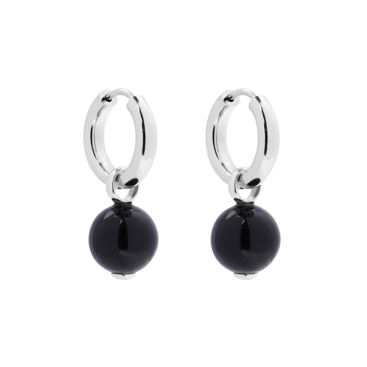 3x15mm silver huggie earring with removable 10mm black onyx ball charm, antitarnish