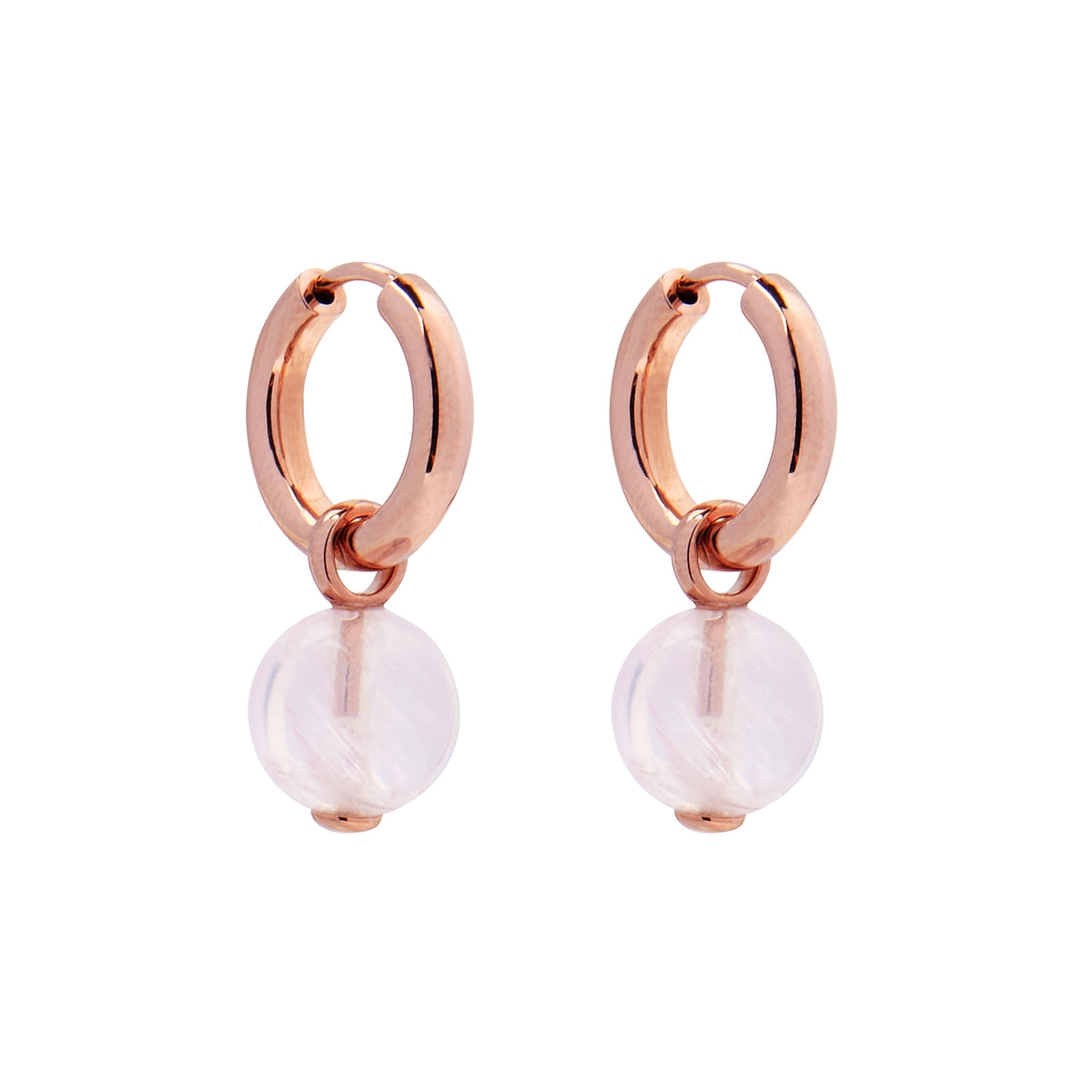 Sterling silver RGP 3x15mm huggie earring with removable 10mm rose quartz balll charm, antitarnish