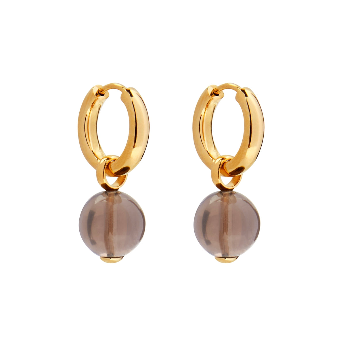 Sterling silver YGP 3x15mm huggie earring with removable 10mm smoky quartz ball charm, antitarnish