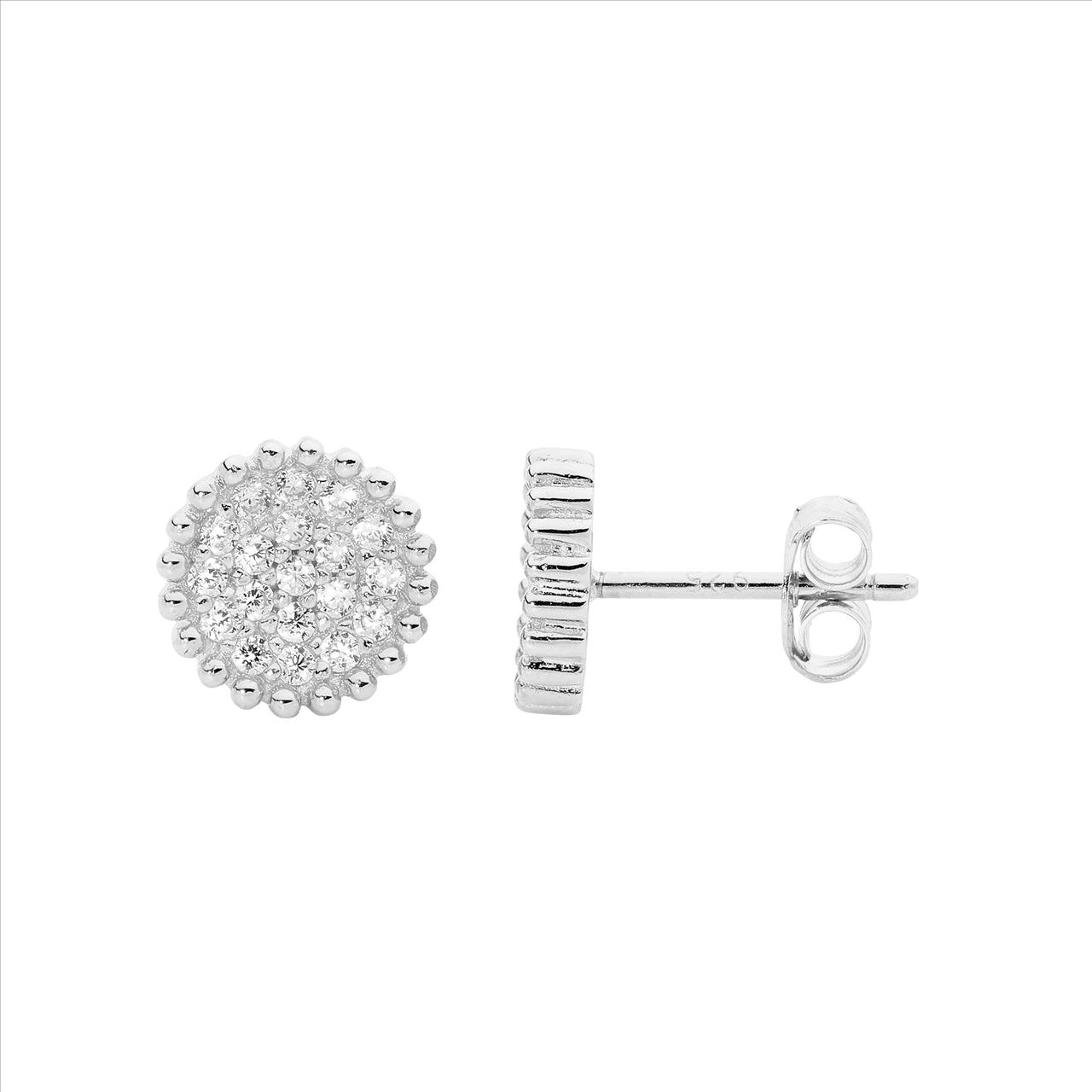 SS WH CZ Pave Round Stud Earrings w/ Crown surround