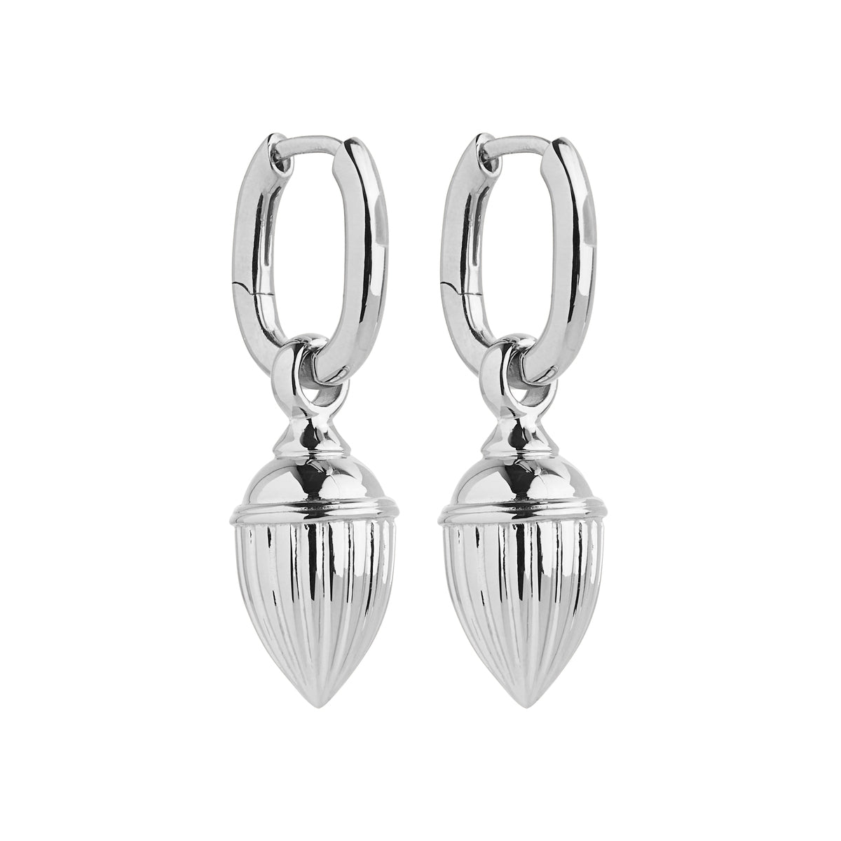 Sterling silver pod charm hanging from huggie earring