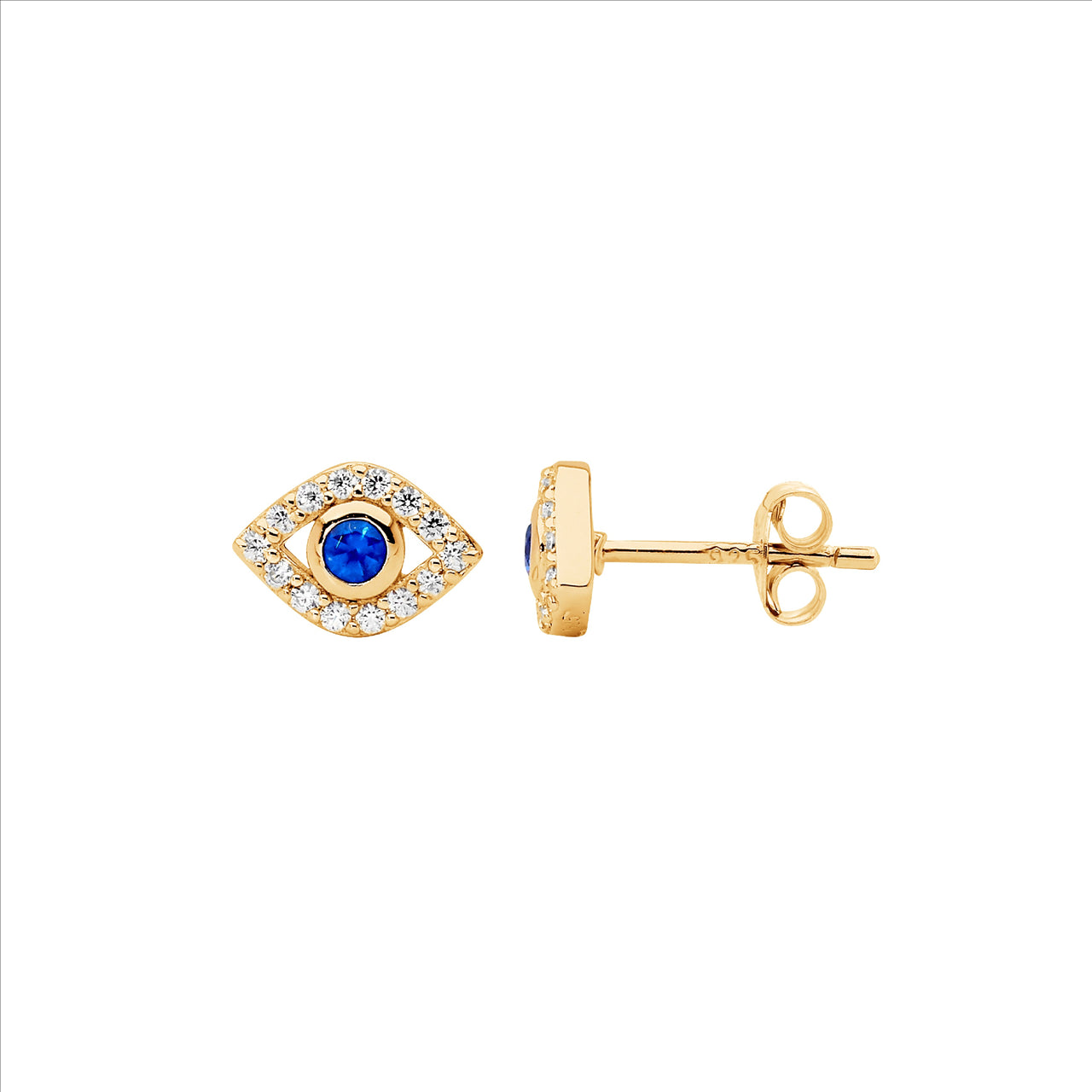 SS WH & blue CZ bezel set evil eye earrings w/gold plating