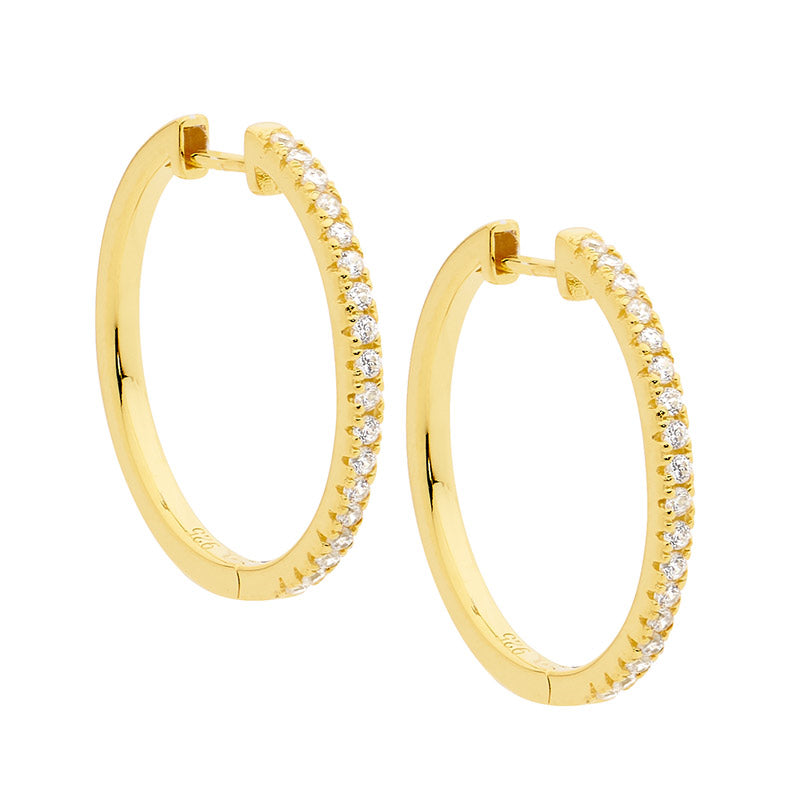 SS WH CZ 25mm Hoop Earrings w/ Gold Plating