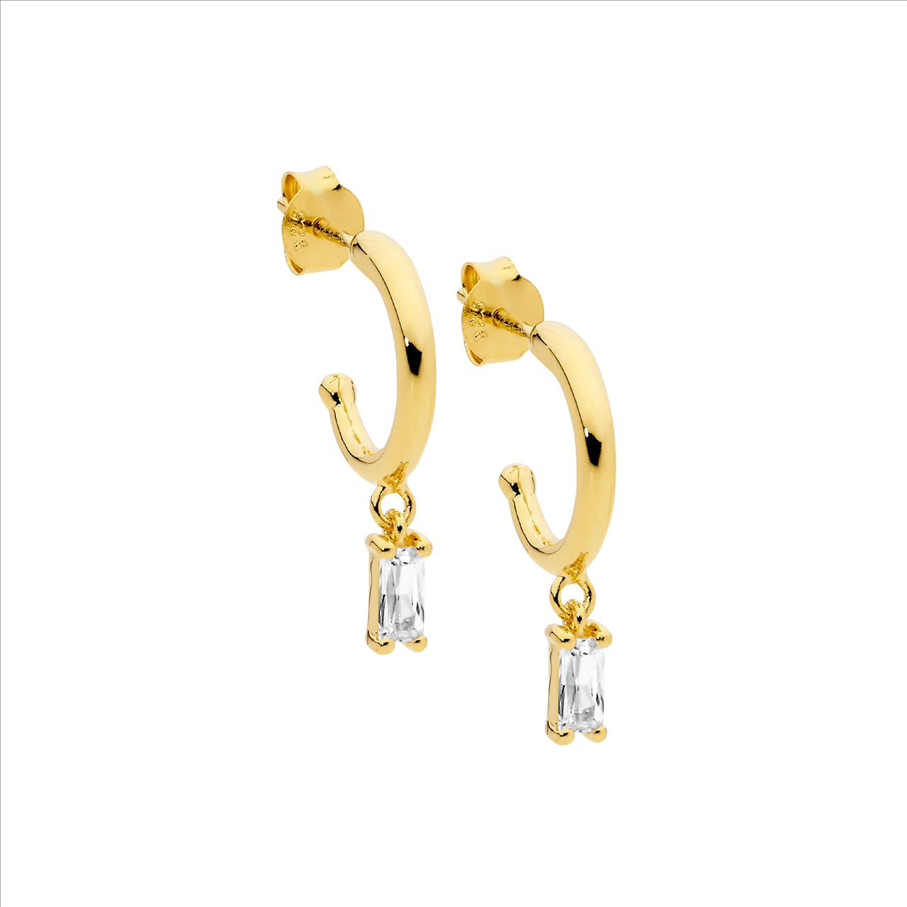 SS 13mm hoop earrings, wh cz baguette drop w/ gold plating