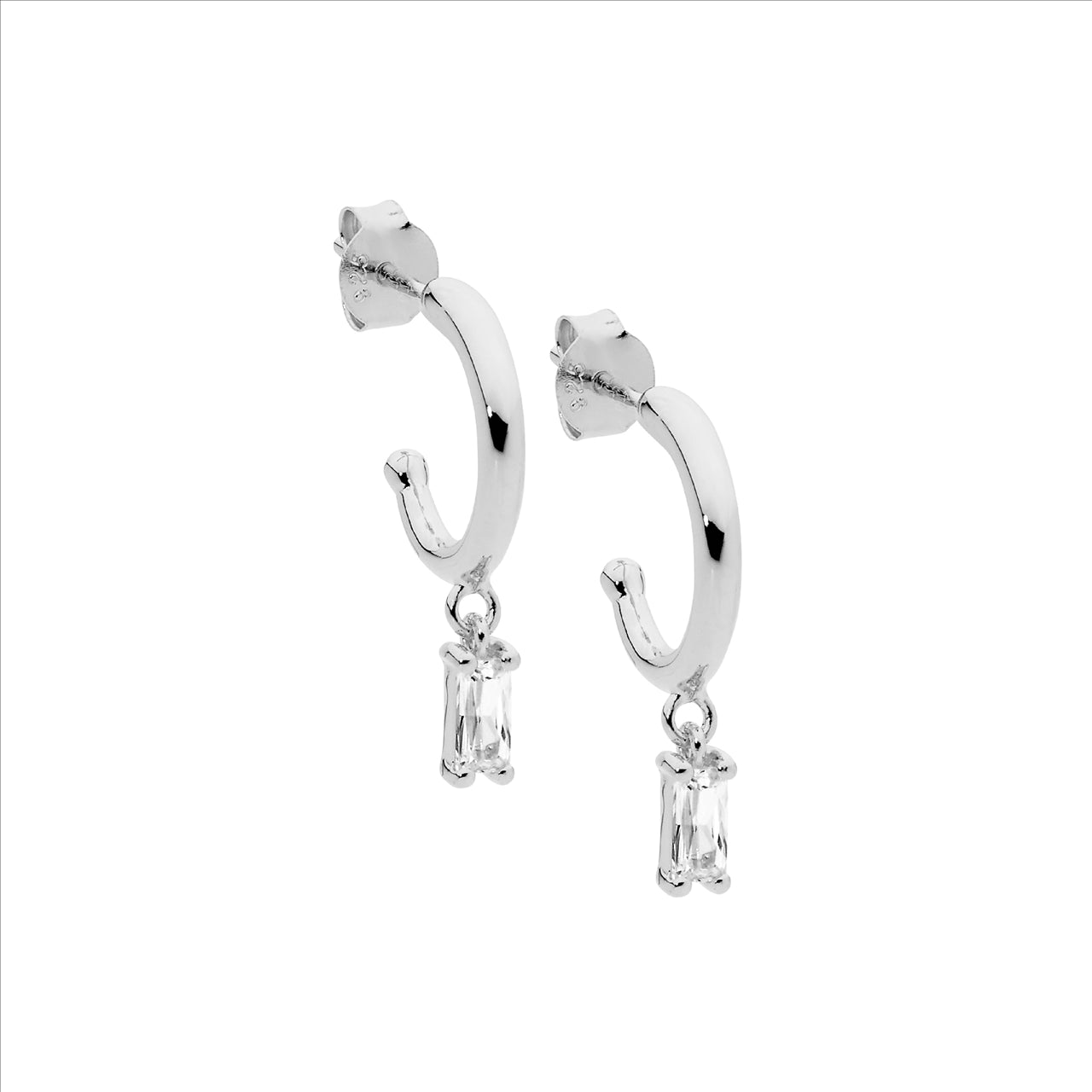SS 13mm hoop earrings, wh cz baguette drop