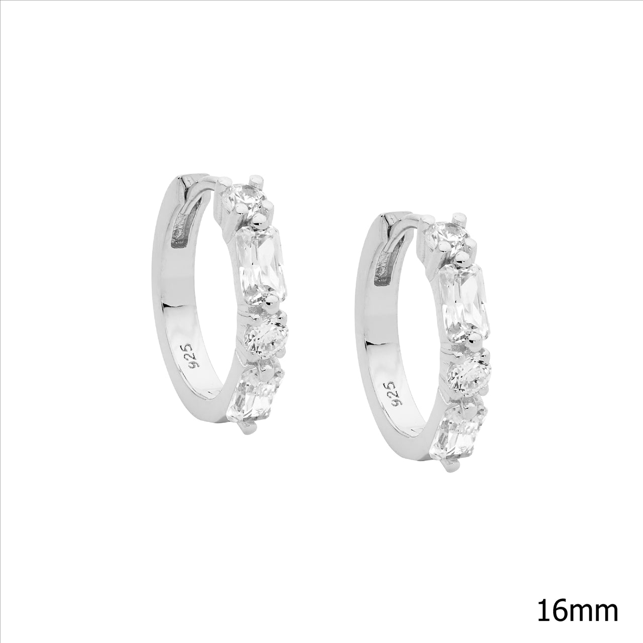 SS WH CZ round & baguette 16mm hoop earrings