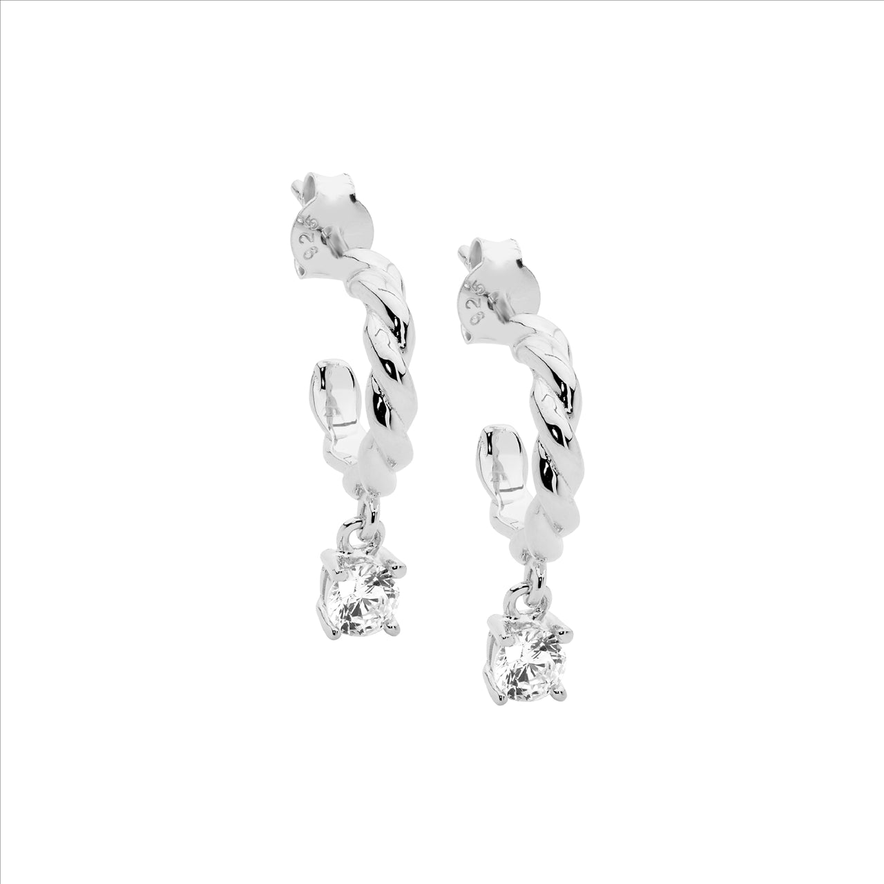 SS 13mm twist hoop earrings, wh cz claw set drop