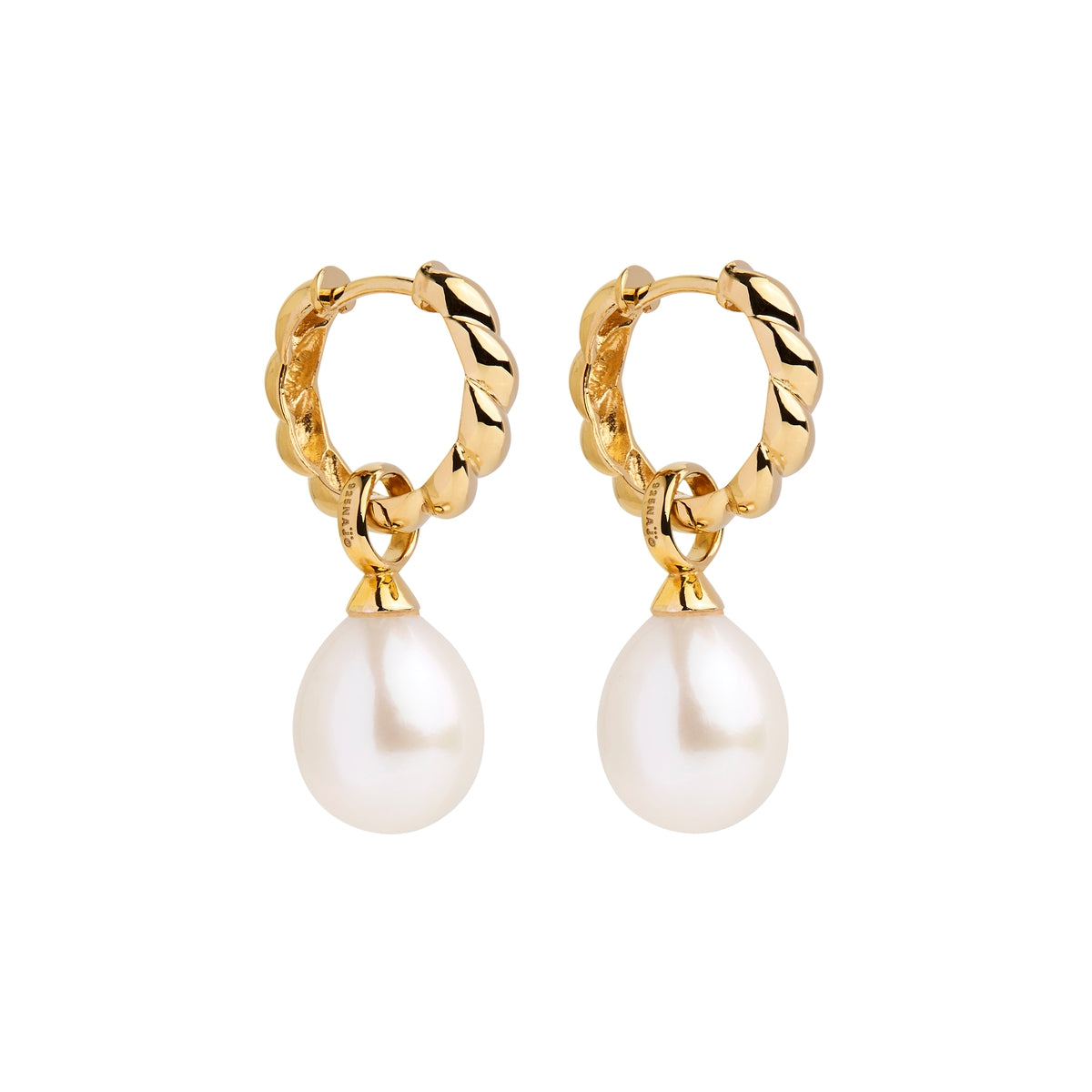 11mm F/W rice pearl on 4x16mm yellow gold (14k 1mc) plated silver huggie earring, antitarnish