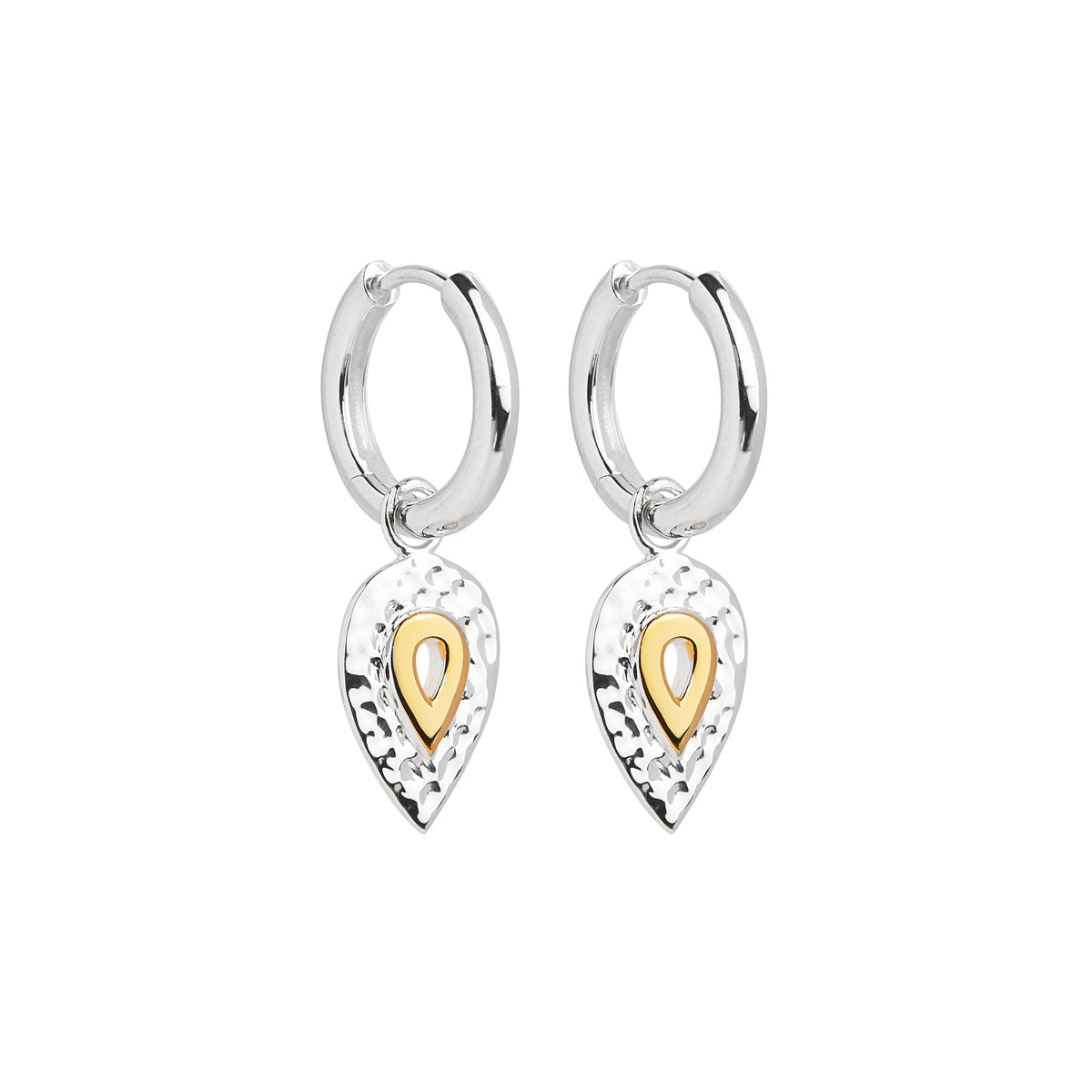 Sterling silver 10x30mm, 2-tone sil/yellow teardrop charm on 2.5x15mm silver huggie earring, antitarnish