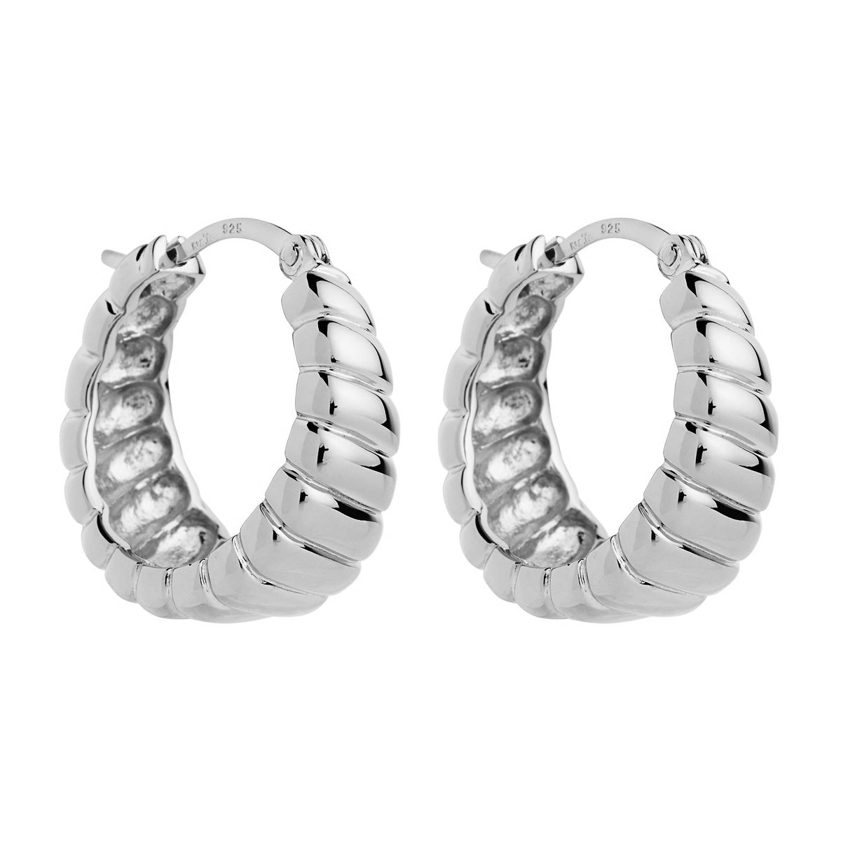 Sterling silver, tapered, ridged hoop earring