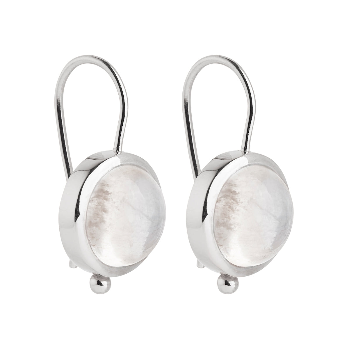 Sterling silver, 12X23mm, round moonstone in silver bezel with bead and fixed hook, antitarnish