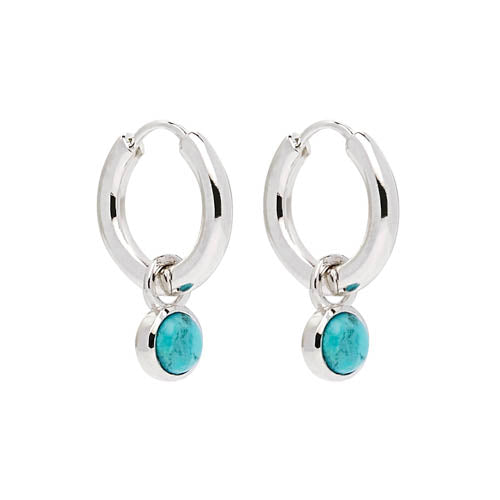 5mm round pressed turquoise in bezel on 2.5x14mm silver huggie earring, antitarnish