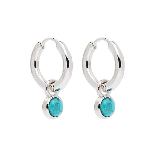 5mm round pressed turquoise in bezel on 2.5x14mm silver huggie earring, antitarnish