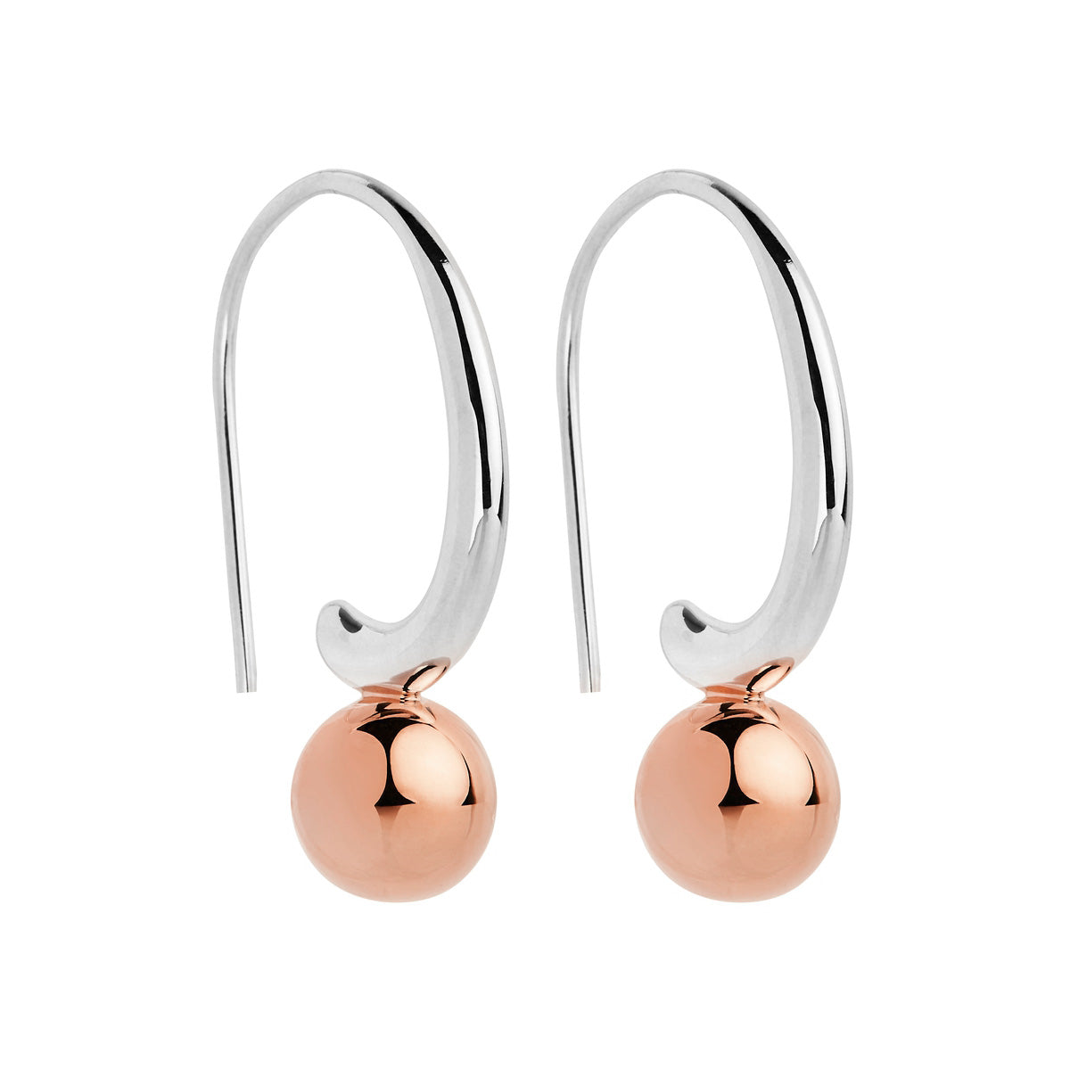 Rose gold plated ball attached to silver curl hook earrings