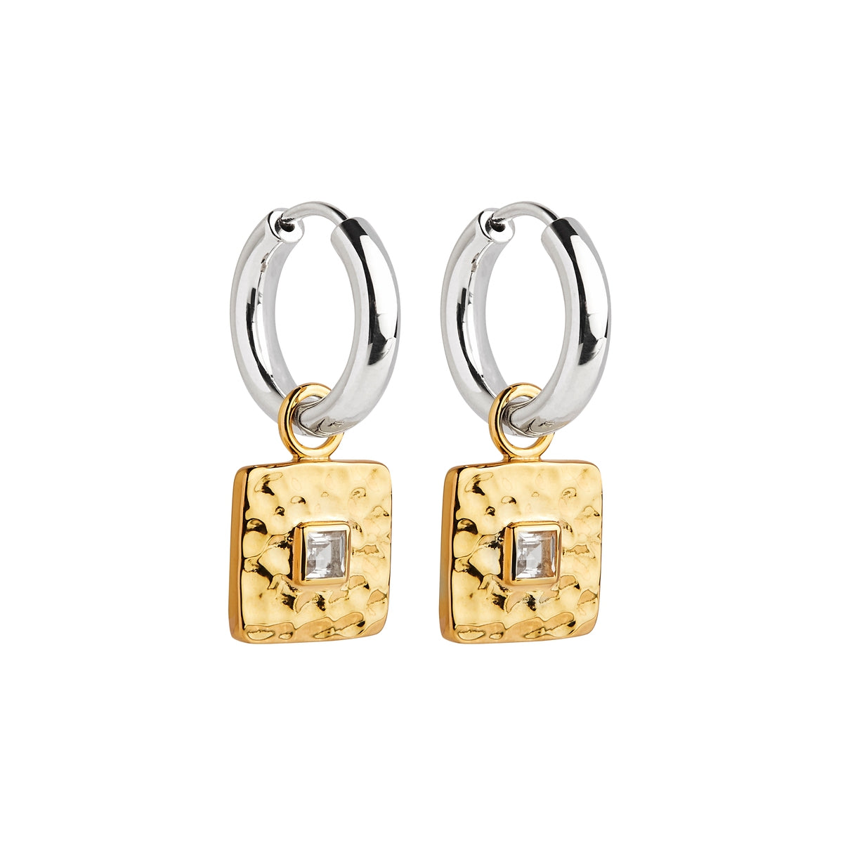 Huggie earrings w beaten gold blated square & topaz drop