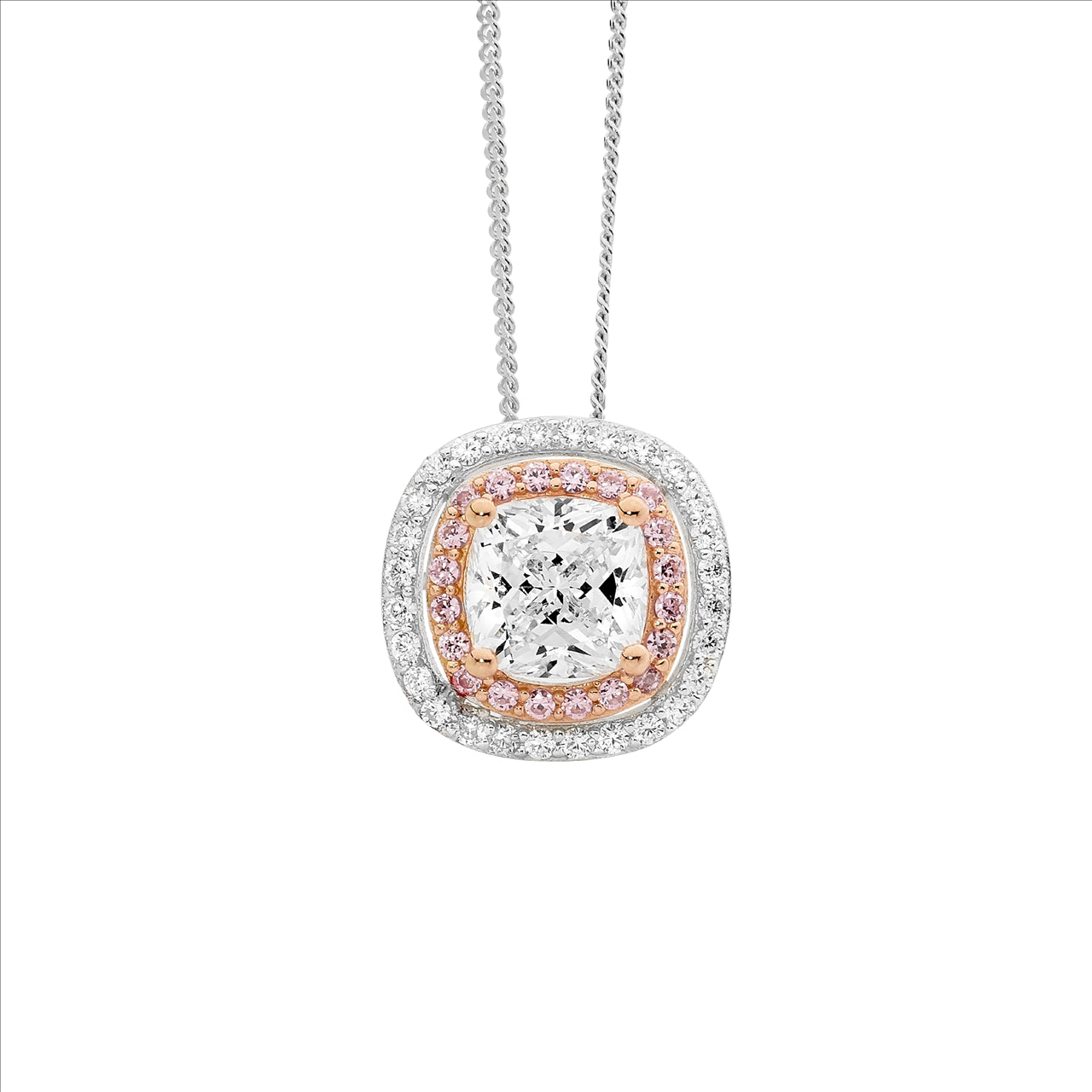 SIlver CZ double halo pendant and chain. Rose gold plated setting