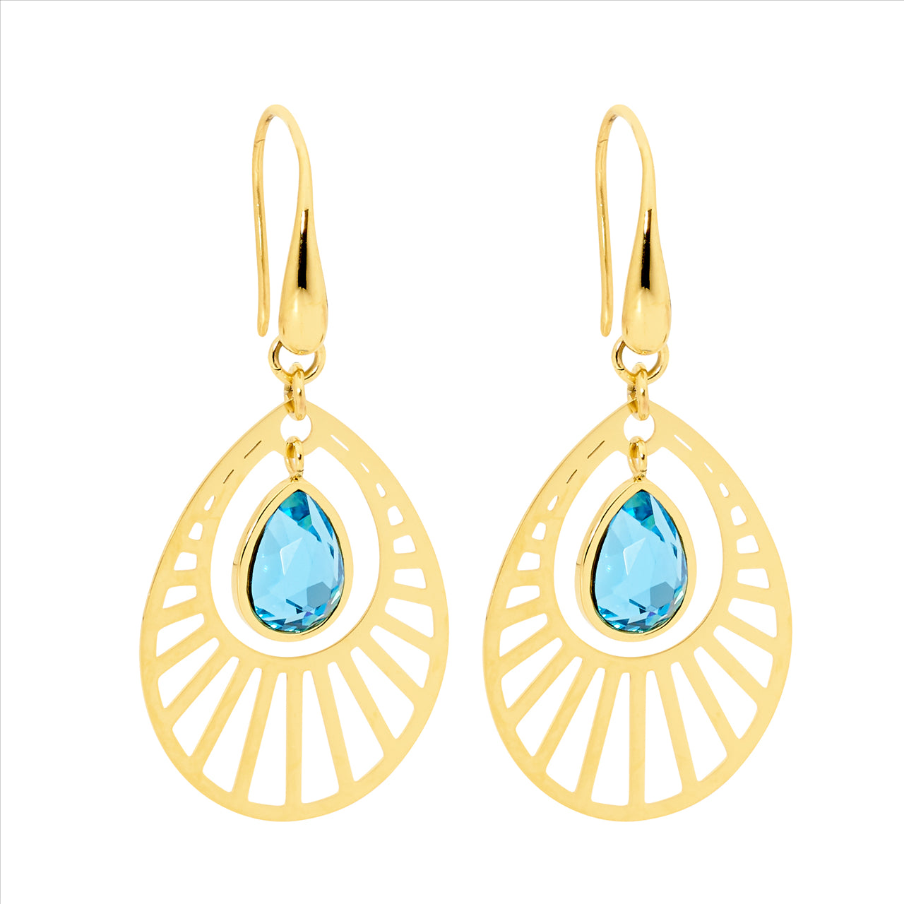 Stainless Gold plated drops with Blue Crystal