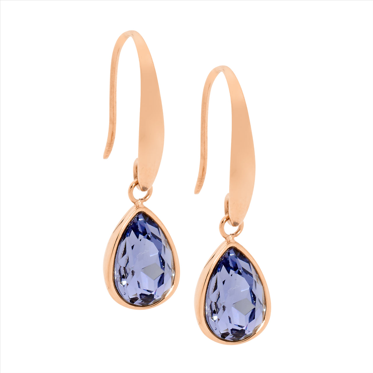 Stainless Steel Tear Drop Earrings w/ Amethyst Glass & Rose Gold IP Plating