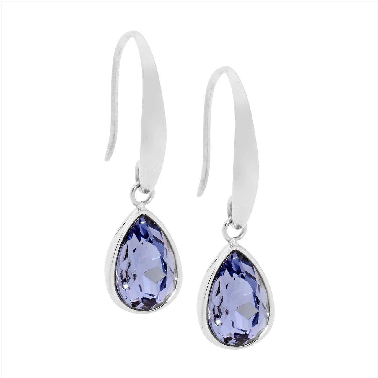 Stainless steel earrings with purple crystal, hooks.