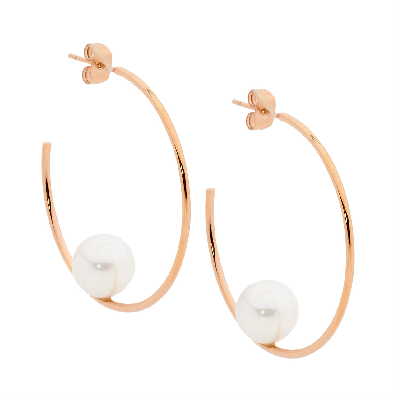 Stainless Steel 39mm Hoop Earrings w/ 10mm Shell Pearl & Rose Gold IP Plating