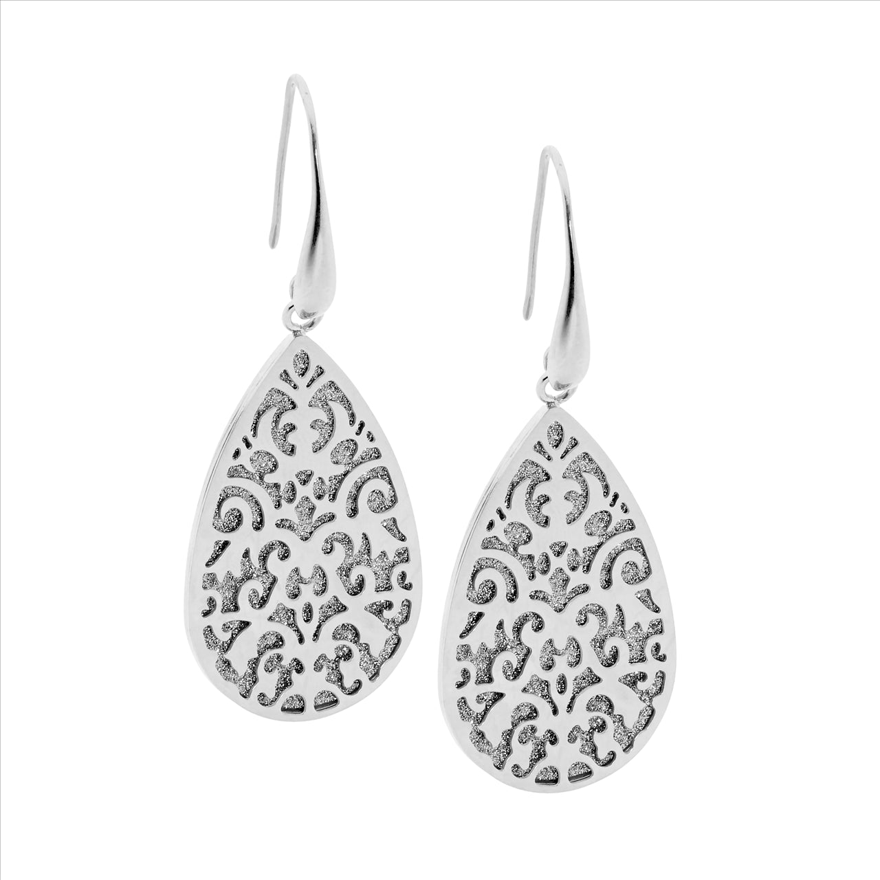 Stainless Steel Filigree Tear Earrings w/ Shimmer Back