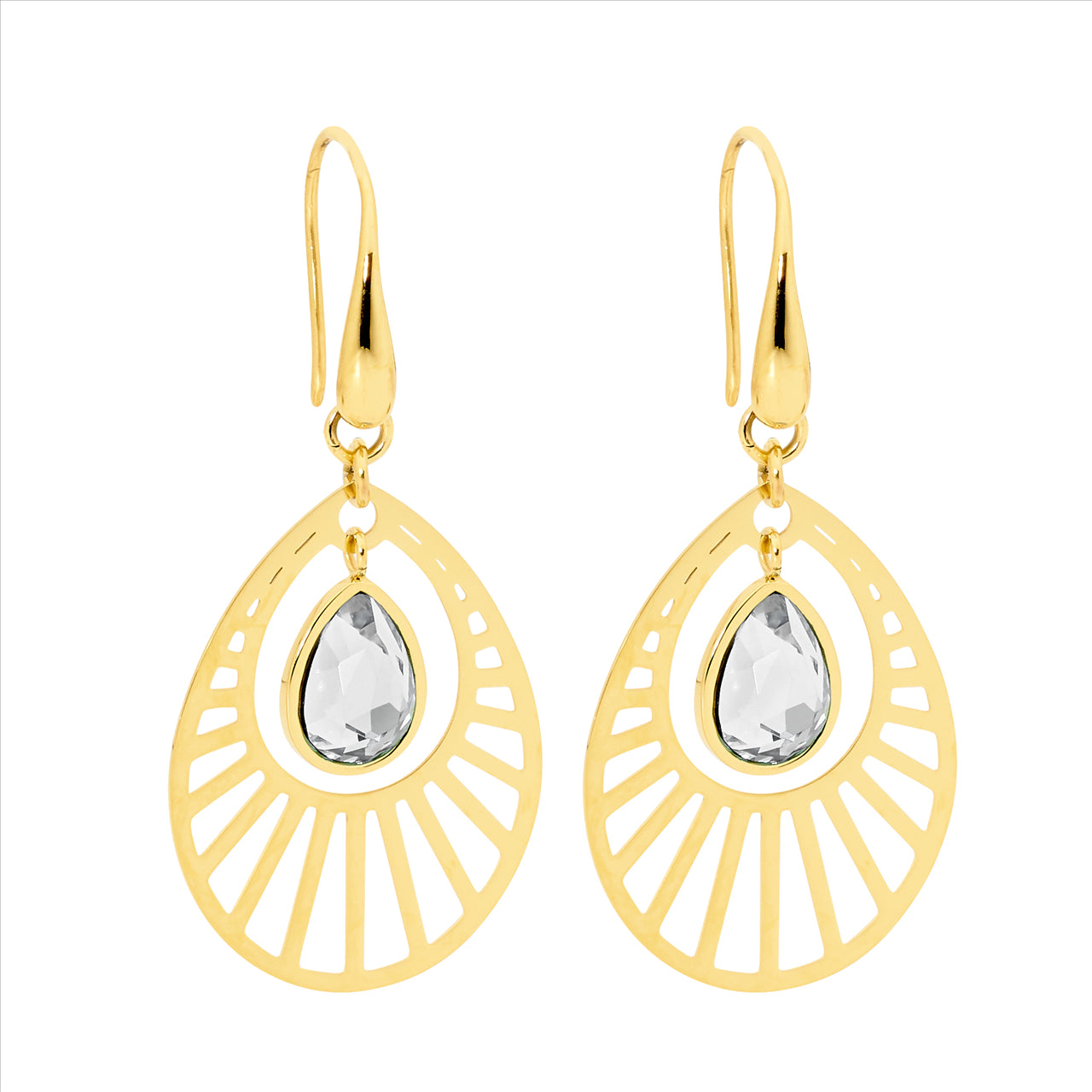 Stainless steel drop hook earrings with clear crystal, filligree style