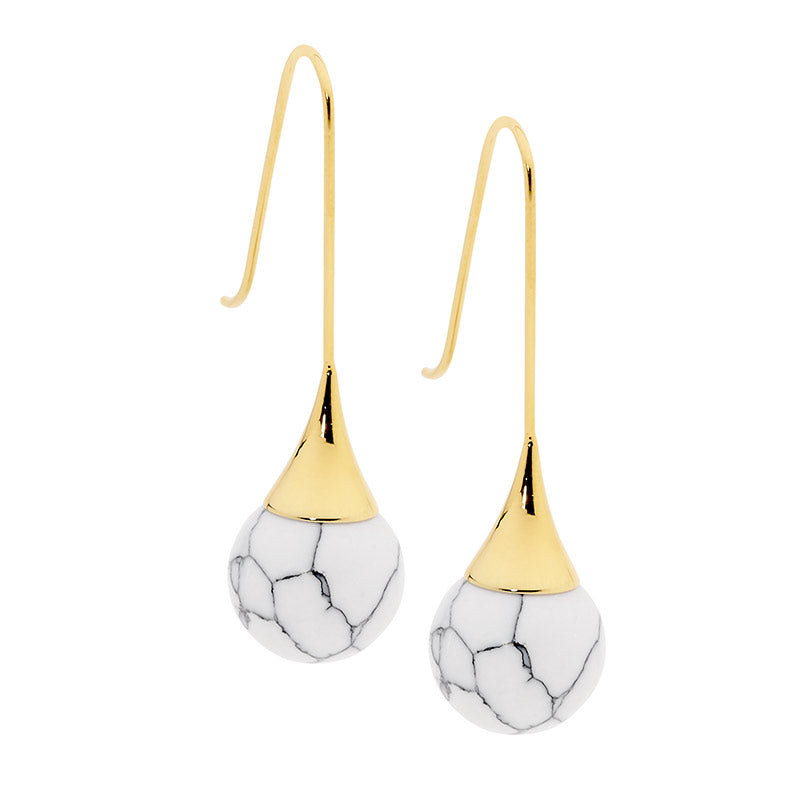 Stainless steel, howlite ball drop earrings with long hook