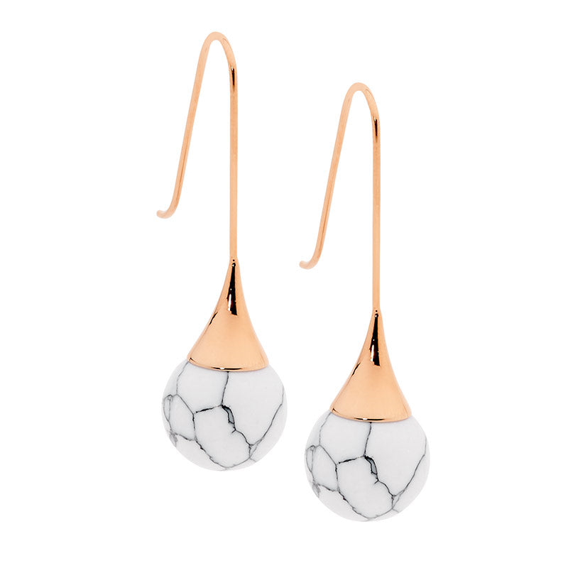 Stainless steel rose gold plated, Howlite drop earrings with long drop