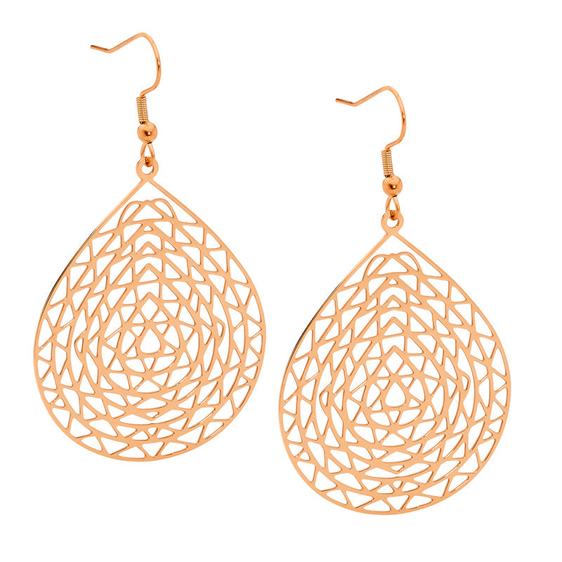 Stainless steel rose gold plated filligree earrings, large drops