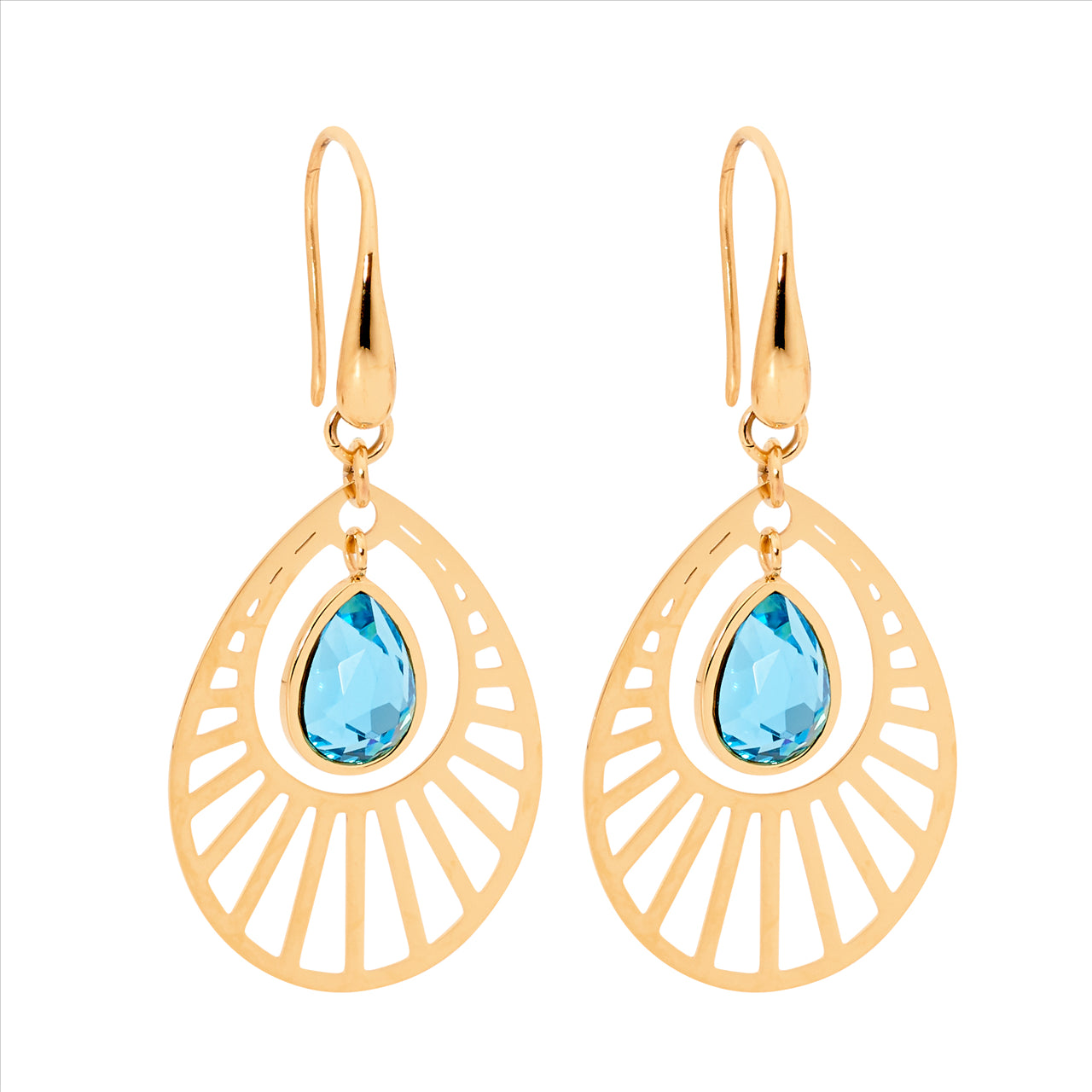 Stainless steel, gold plated, blue crystal hanging. Hooks