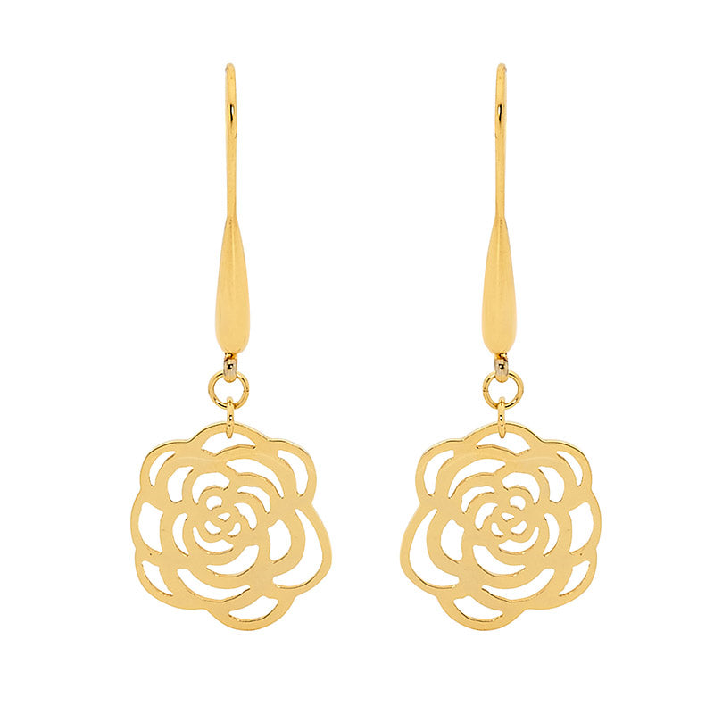 Stainless steel, gold plated, rose cut out drop, hook earrings.