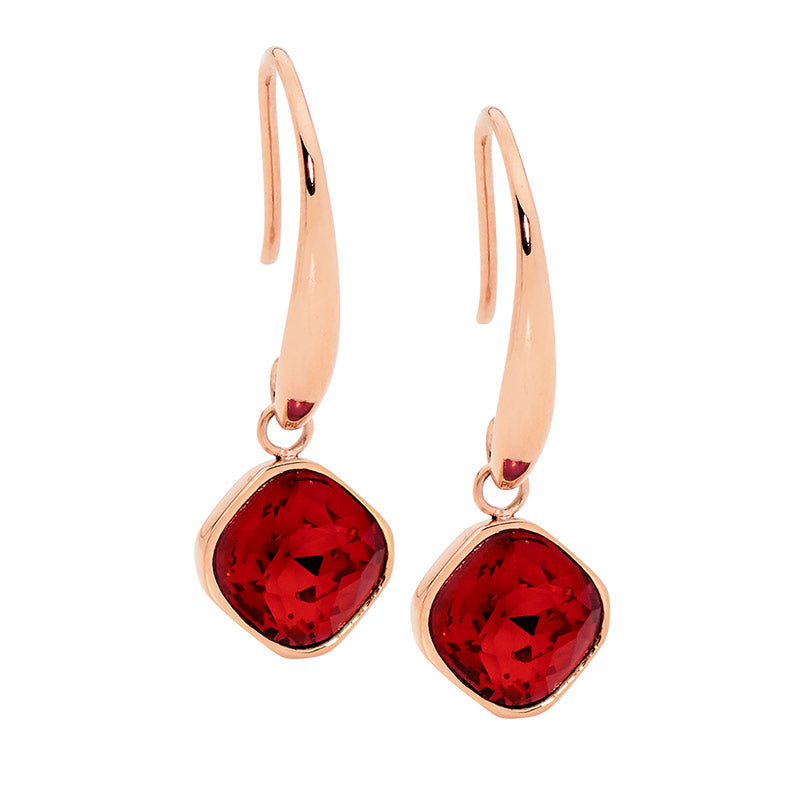 Stainless steel, Rose gold plated, hook earrings with red crystal